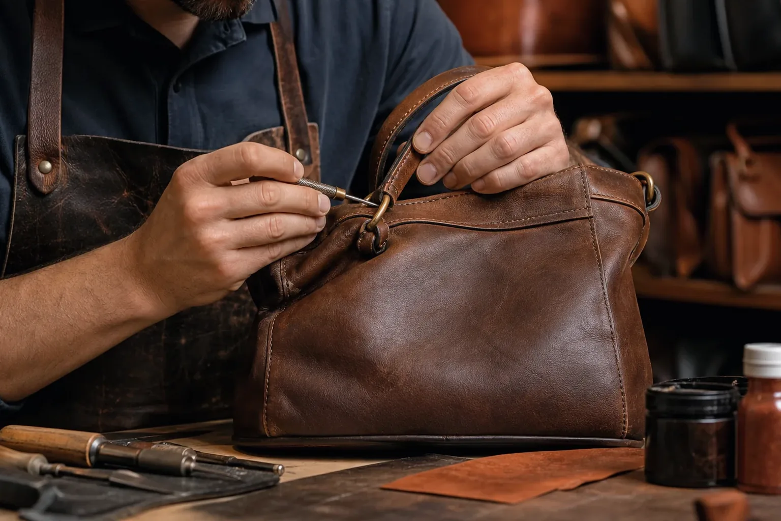 Sapateiro reformando uma bolsa de couro em Nova Friburgo.